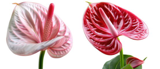 Anthurium Flowers, Close-up of pink and red anthurium blooms with glossy textures, Botanical Elegance, Floral Beauty on a transparent background.