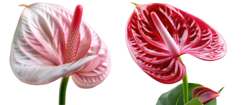 Anthurium Flowers, Close-up of pink and red anthurium blooms with glossy textures, Botanical Elegance, Floral Beauty on a transparent background.