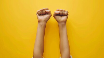 Raised Fists on Bright Yellow Background - Symbol of Strength and Unity