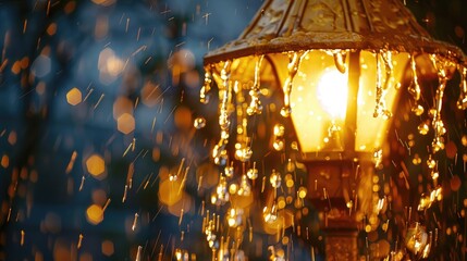 a golden street light with water pouring down from it, illuminated in the style of the warm glow of its lamp at night. The raindrops create an ethereal and serene atmosphere in front of the lamp's lig