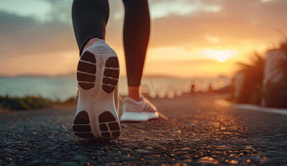 Womans Running Shoes on Seaside Road at Sunset - Fitness and Adventure Concept