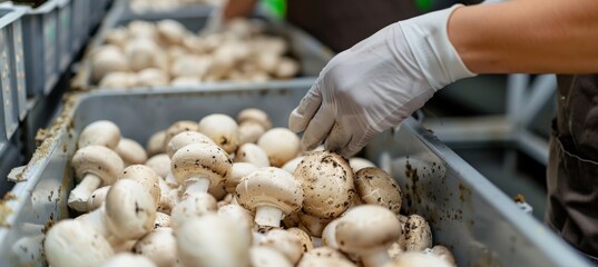 Fresh White Button Mushrooms: Harvesting and Packing at a Commercial Farm for Optimal Quality.