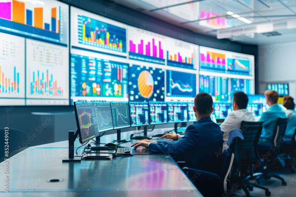 Poster diverse researchers monitoring renewable energy data in cutting-edge control room for analytics and 