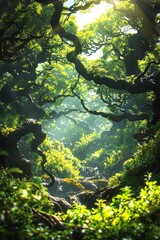 Enchanted forest with ancient, twisted trees and lush greenery, bathed in dappled sunlight