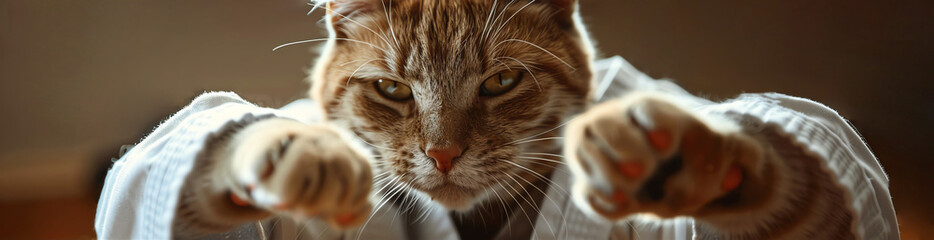 Ginger tabby cat in karate gi, striking pose, closeup shot, dramatic lighting - Powered by Adobe