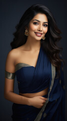 Naklejka premium young indian woman wearing navy blue saree
