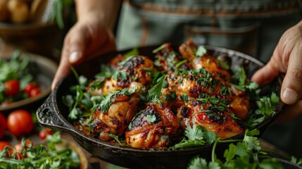Naklejka premium Grilled Chicken Legs in a Cast Iron Pan