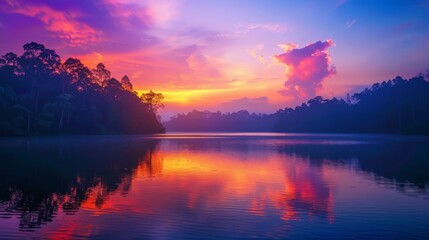 Naklejka premium A Vibrant Sunset Reflecting on a Still Lake