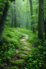 Fototapeta premium Winding path through lush green forest, serene atmosphere