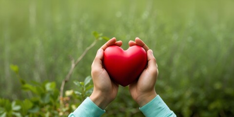 Two hands tenderly holding a red heart shape with a blurred green background