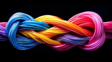 Vibrant Gradient Knot of Multicolored Twisted Ribbons Against Black Background