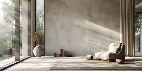 Minimalist Living Room with Large Windows and Concrete Wall