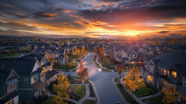 Sunset over traditional British houses with countryside in the background. A picturesque scene, created by the long shadows and warm glow