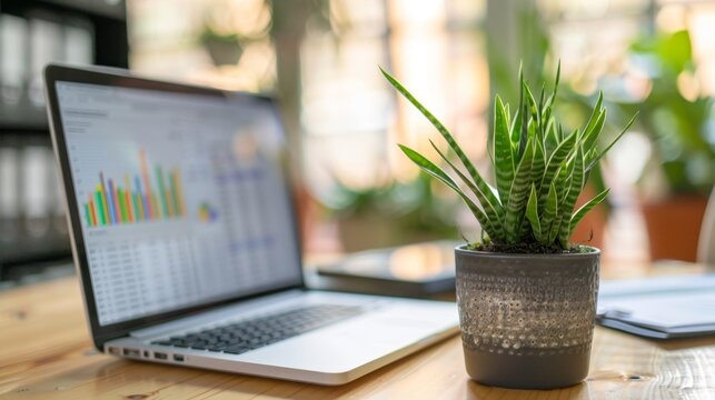 Productivity at Work - Potted Plant on Desk with Laptop Showing Open Spreadsheet