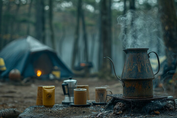 Early morning scene of fresh coffee brewing near a tent in a serene forest campground with sun peaking through trees.