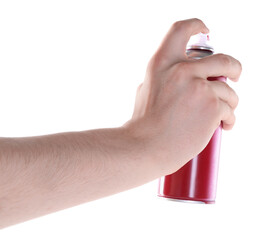 Man with can of spray paint on white background, closeup