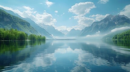 Tranquil Mountain Landscape with Serene Lake and Majestic Peaks