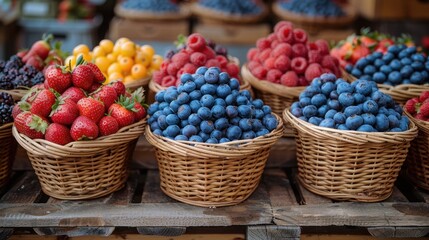 An assortment of colorful, freshly picked berries displayed in woven baskets at an outdoor farmers' market. The vibrant hues of strawberries, blueberries, and raspberries create an inviting scene