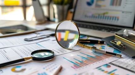 Financial Planning Workspace with Laptop, Calendar, and Documents, Magnifying Glass and Pen on Desk