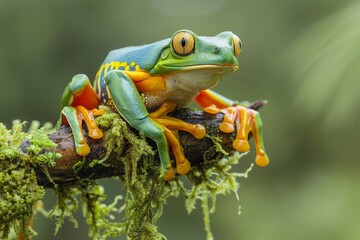 Naklejka premium bright green tree frog perched on a mossy branch, taken in the style of macro photograph