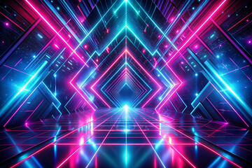 Vibrant neon flashes on black background. Electric blue and hot pink geometric patterns