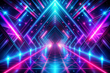 Vibrant neon flashes on black background. Electric blue and hot pink geometric patterns