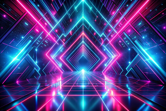 Vibrant neon flashes on black background. Electric blue and hot pink geometric patterns