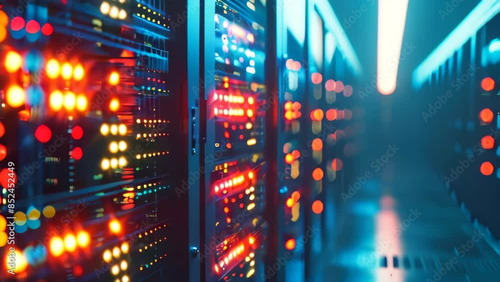 Poster data center with a row of computer servers. abstract generic concept of cyberspace, communication an