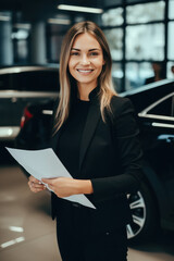 young beautiful businesswoman standing at car showroom