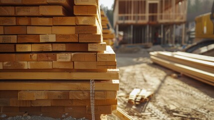 Arrangement of timber boards and beams at a construction site