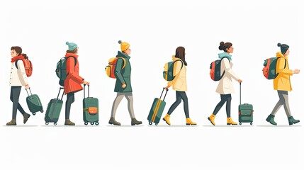 Set of tourists and travelers and airport illustrations, flat vector illustration of tourists dragging luggage, traveler, airport, airport management, tourist dragging luggage, suitcase