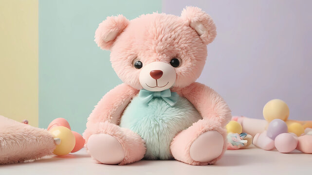 A plush children's toy is placed in the center, behind the background, with pastel shades.