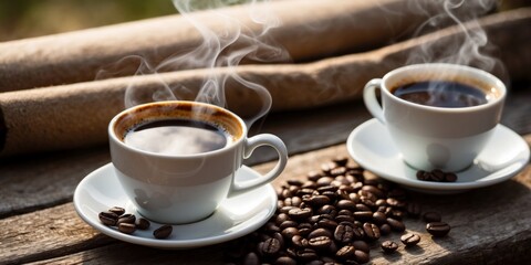 Two steaming cups of freshly brewed coffee with scattered coffee beans on a rustic wooden table