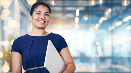 Laptop, smile and vision with business woman on bokeh background for future planning or thinking. Computer, idea and opportunity with happy employee in workplace for start of new career as intern