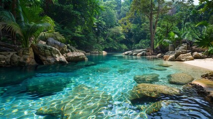 Naklejka premium Tropical Lagoon Surrounded by Lush Greenery
