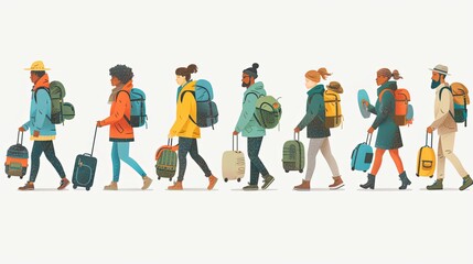 Set of tourists and travelers and airport illustrations, flat vector illustration of tourists dragging luggage, traveler, airport, airport management, tourist dragging luggage, suitcase