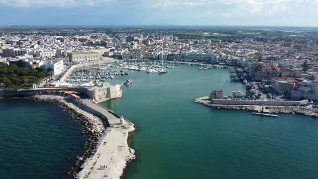 4K drone footage of the harbour and Cathedral at Trani, located in the Apulia region of southern Italy