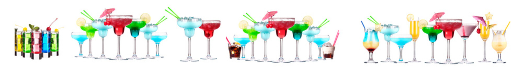 Different alcohol cocktails like beer, martini, soda, champagne, whiskey