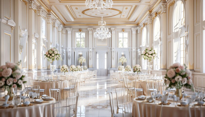 A grand wedding reception venue decorated with white floral centerpieces, chandeliers, and a marble floor.