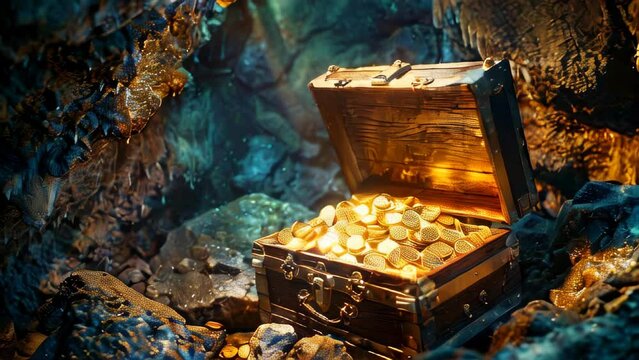 An old wooden treasure chest with gold coins in a hidden cave