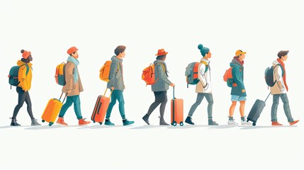 Fototapeta premium Set of tourists and travelers and airport illustrations, flat vector illustration of tourists dragging luggage, traveler, airport, airport management, tourist dragging luggage, suitcase