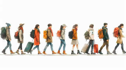 Fototapeta premium Set of tourists and travelers and airport illustrations, flat vector illustration of tourists dragging luggage, traveler, airport, airport management, tourist dragging luggage, suitcase