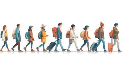 Fototapeta premium Set of tourists and travelers and airport illustrations, flat vector illustration of tourists dragging luggage, traveler, airport, airport management, tourist dragging luggage, suitcase