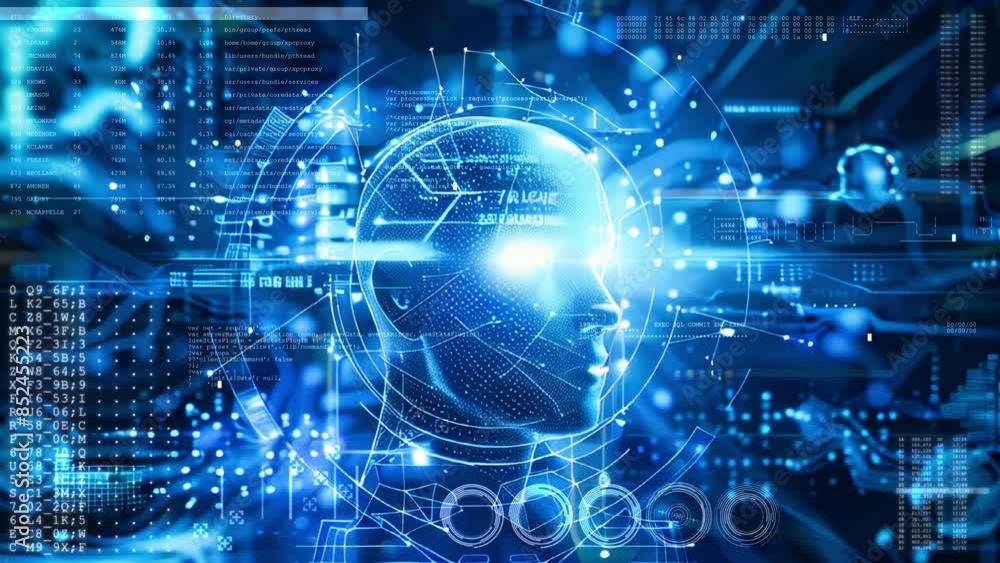 Poster a futuristic composition with human and digital components. artificial intelligence concept animatio