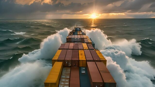 A large cargo ship carrying many containers was sailing in the middle of a turbulent sea. It was raining.