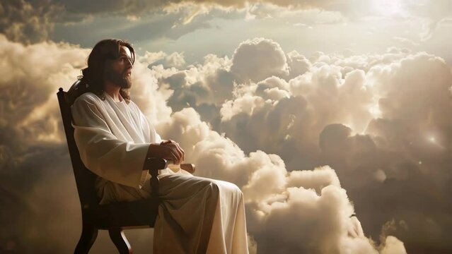 Jesus Christ sitting on a throne in heaven, surrounded by white clouds