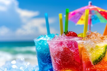 Vibrant beachside cocktails with straw umbrellas and blue sea backdrop