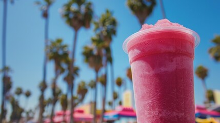 Refreshing strawberry slushie on a sunny boardwalk with palm trees
