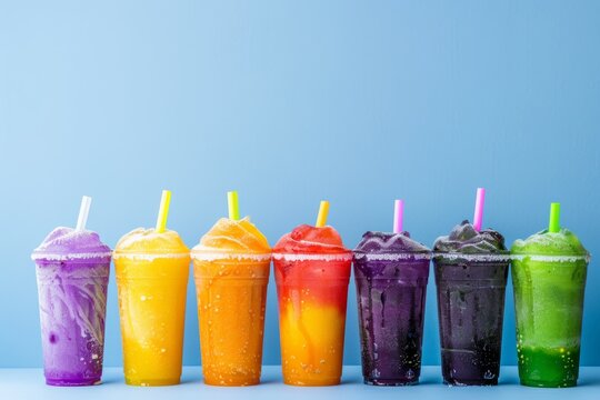 Colorful array of frozen slush drinks against blue background