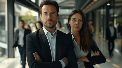 Male and female executives in a corporate office.